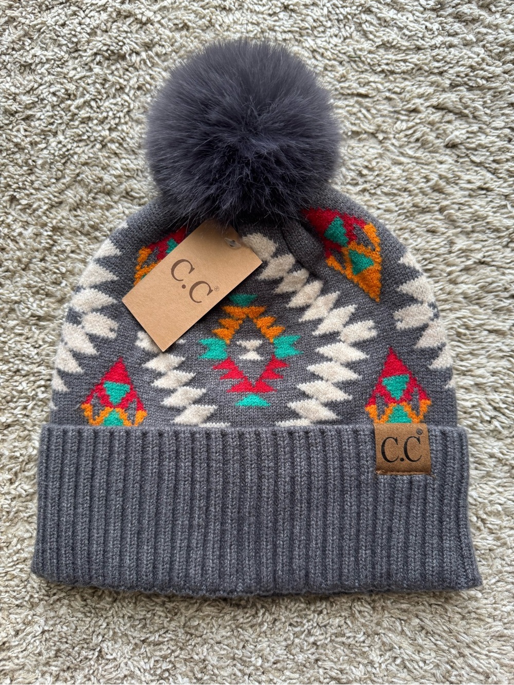C.C Dark Gray Aztec Geometric Faux Fur Pom Beanie NWT